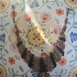 Vintage Tribal Bib Necklace Handcrafted Heishi Bead & Metal Dangle Collar Boho